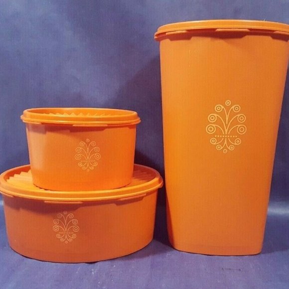 Vintage Tupperware Servalier Canister Set Of 3 w/ Lids Tangerine 1298 1222 1204 - Picture 2 of 9